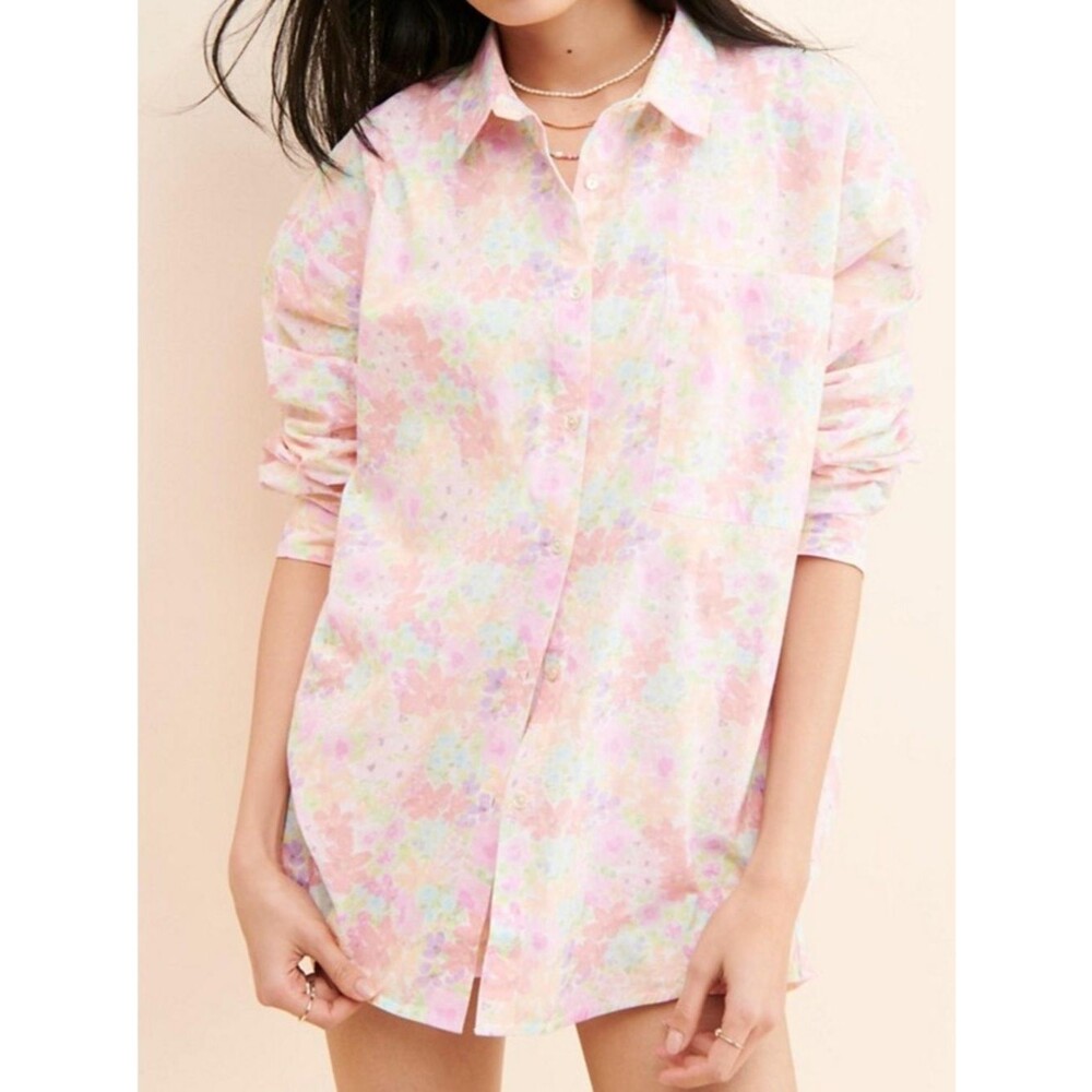 For Love & Lemons Kennedy Floral Button Down Shirt Size Large Pastel Cottage